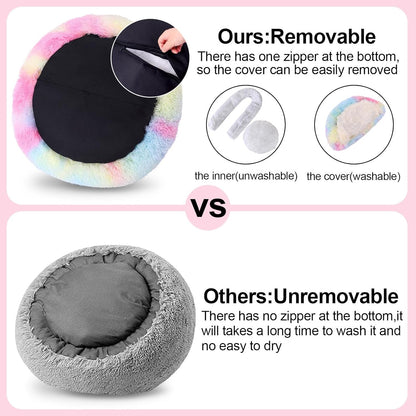 Calming Dog Beds & Cat Cave Bed with Hooded Cover,Removable Washable Round Beds for Small Medium Pets,Anti-Slip Faux Fur Fluffy Coved Bed for Improved Sleep,Fits up to 15/25 lbs(Colorful,S)