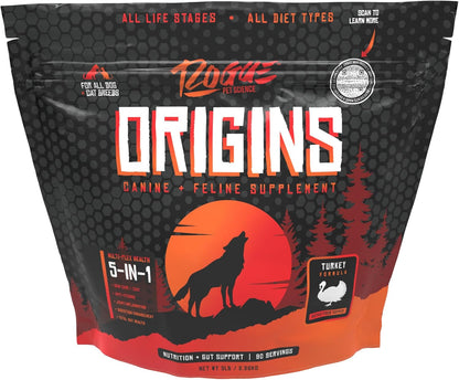 Origins 5-in-1 Dog Supplement - Powdered Food Topper w/Natural Turkey Protein- Supports Healthy Digestion, Skin, and Coat - Helps Reduce Itching & Joint Inflammation (2LB)