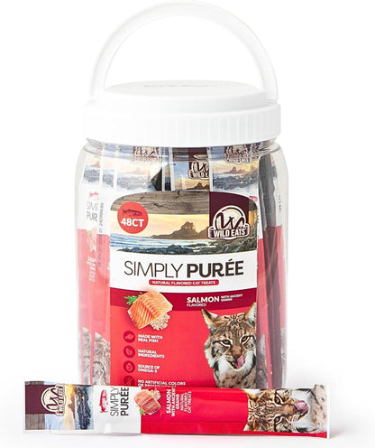Simply Puree Salmon with Ancient Grains Tub for Cats | 48 Individual Servings | High-Protein, Grain-Enriched Cat Treat | All-Natural, No Artificial Additives | Smooth and Delicious Puree