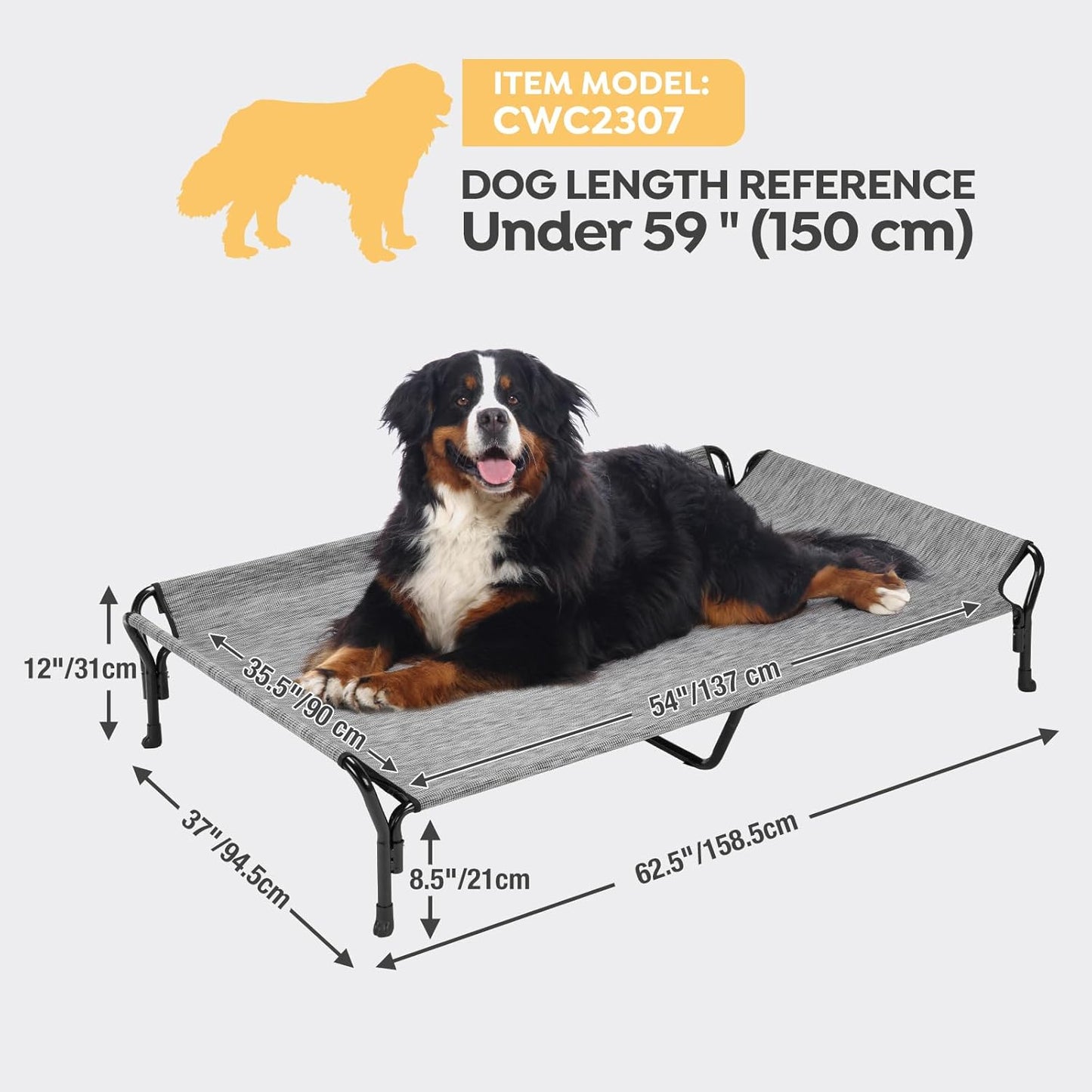 Veehoo Cooling Elevated Dog Bed, Guardrail Raised Pet Cot, Indoor & Outdoor XXL Pet Bed with Washable & Breathable Teslin Mesh, Non-Slip Feet, Dog Couch Bed, 62.5" x 37", Black Silver