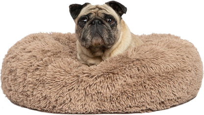 Best Pet Supplies Round Donut Dog Bed with Plush Faux Fur Fabric, Calming, Anti-Anxiety Cushion for Indoor Pets, Slip-Resistant Base, Soft Ergonomic Support - Caramel, 24x24x7''