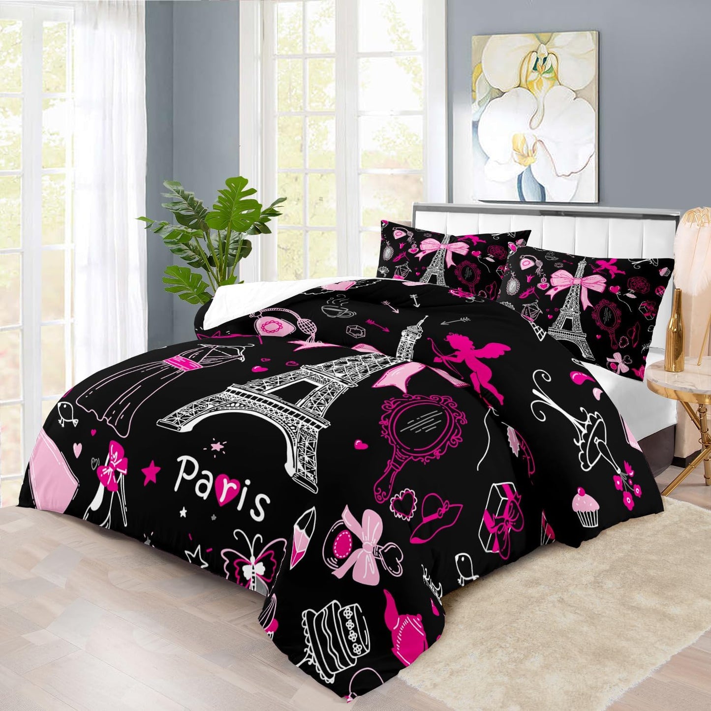 Eiffel Tower Comforter Set Queen Size,Eiffel Tower Bedding Set for Girls, Pink and Black Paris Themed Comforter Bedroom Decor,Paris Quilt French Style Romantic Bedding