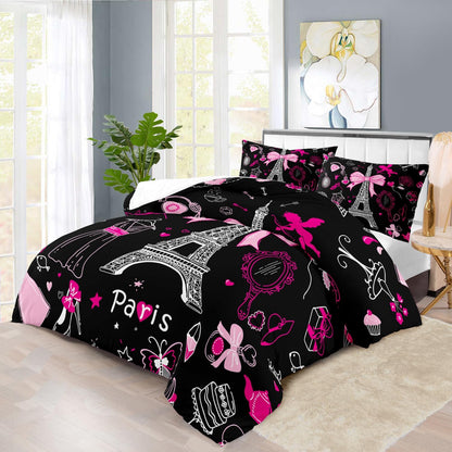 Eiffel Tower Comforter Set Full Size,Eiffel Tower Bedding Set for Girls, Pink and Black Paris Themed Comforter Bedroom Decor,Paris Quilt French Style Romantic Bedding