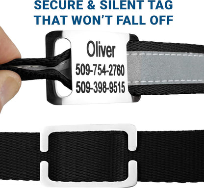 GoTags Reflective Personalized Dog Collar with Nameplate, Adjustable Dog Collar with Custom Engraved Steel Slide On Pet ID Tag, Silent, No Noise Dog Tag for Large Medium or Small (Black, Large)