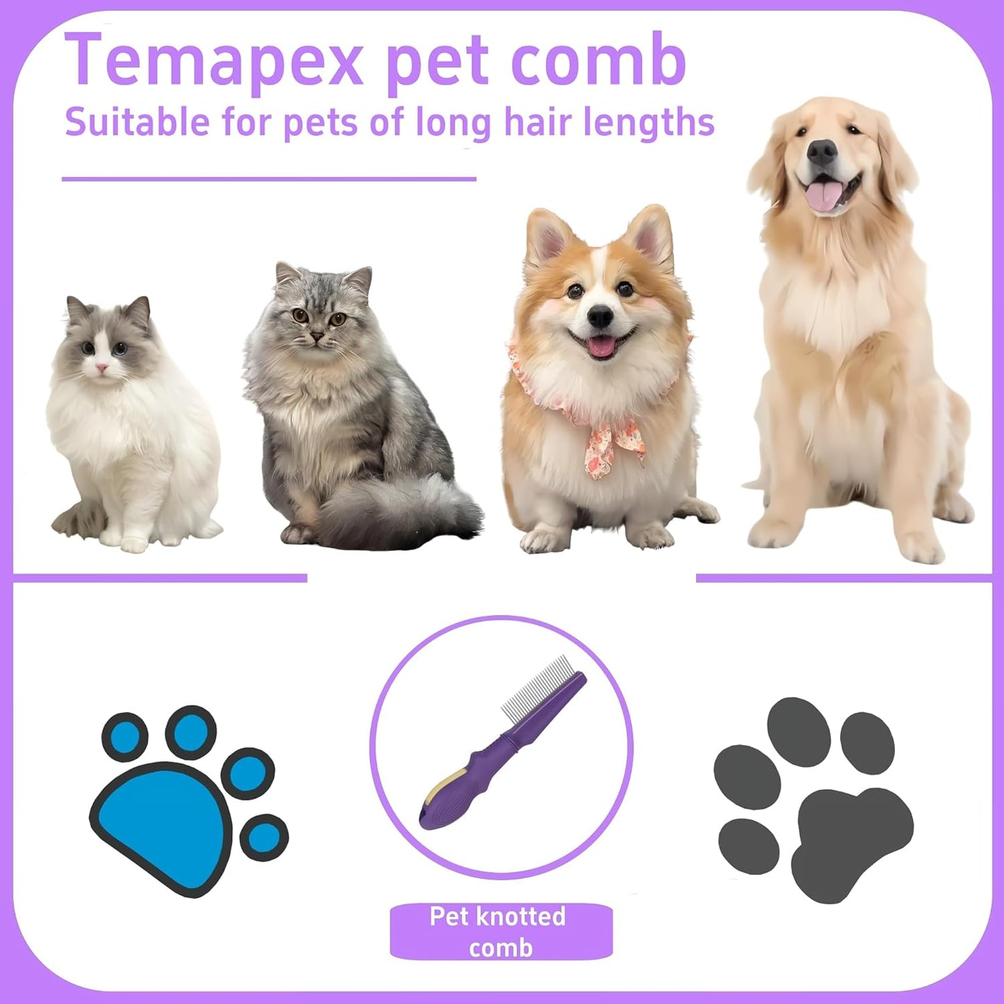 Pet Comb for Grooming Long Haired Cats & Dogs With Stainless Steel Metal Teeth for Shedding and Tangles, Non-slip & Anti-static rubber handle,Safe & Gentle Pet Grooming Comb