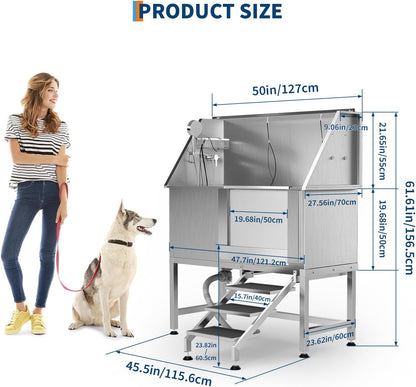 50" Stainless Steel Professional Dog Washing Station - Pet Bathing Tub w/Non-Slip Stairs | Slip-Resistant Floor Grate | for Large/Medium/Small Dogs