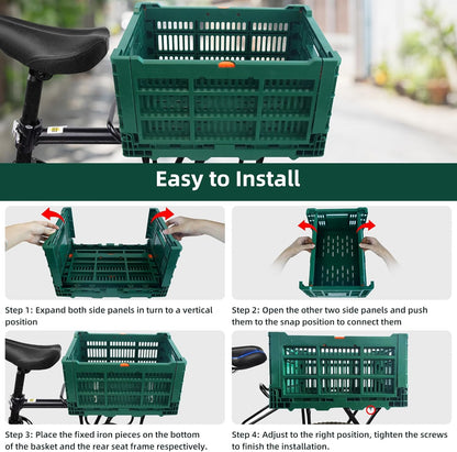 Foldable Large Green Plastic Bicycle Rear Basket with Cargo Net and Waterproof Cover Net for Shopping Outings, Pets, School, Picnics or Outdoor Activities, Easy to Install on Rack Mount