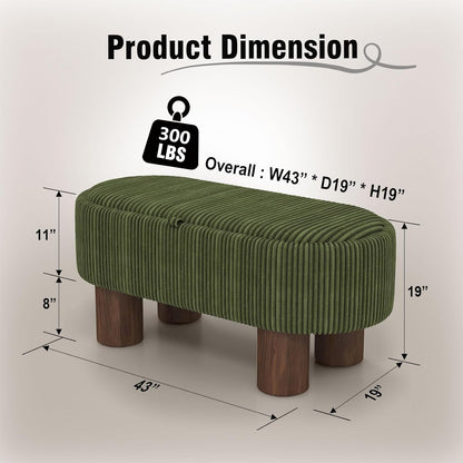 Bench with Storage 43 inch, Upholstered Corduroy Farbic Green Oval Footrest with Hidden Storage, Stool Modern Design Legs for Bedroom, Living Room, and Entryway Furniture Ottoman