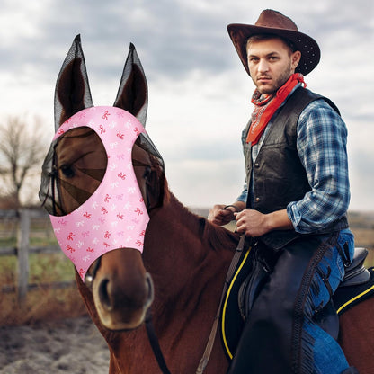 Chunful 6 Pcs Horse Fly Masks with Ears Smooth and Comfortable Cashel Mesh Fly Mask Elasticity Breathability UV Protection Horse Face Covering for Riding Supplies(Pink Bow,Medium)