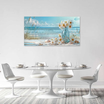 Large Beach Wall Art for Living Room Flower Daisy Art Big Space Size Framed Ocean Shell Canvas Prints Blue Pictures Painting Artwork Office Bedroom Home Decor 60"x30"