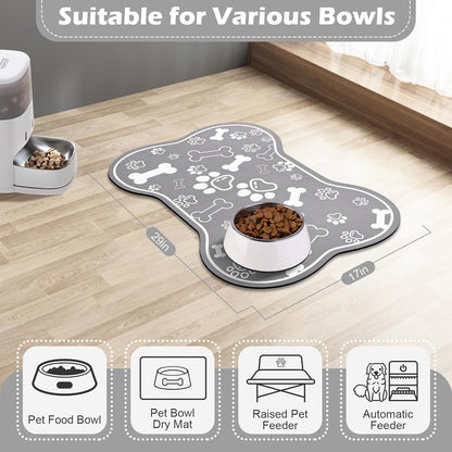 Dog Cat Food Mat, Rapid Absorbent Pet Feeding Placemat, Bone Shaped With Rubber Backing, No Stains Indoor, Pet Accessories Supplies 17"29" Grey