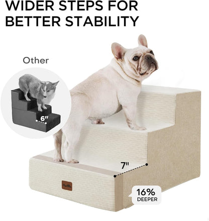 Made4Pets Dog Stairs for Small Dogs, Extra Wide Dog Steps for Bed Couch Sofa and Chair, 35D Foam Pet Steps for Small Dogs and Cats, Non-Slip Bottom Pet Stairs, Beige, 3 Steps