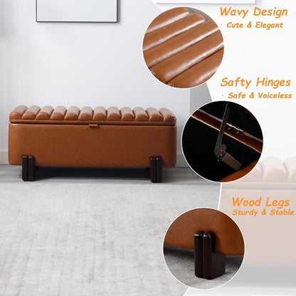 Kmax 45" Storage Bench PU Leather Entryway Bench Upholstered Ottoman Bench with Wavy Top & Safty Hinge for Bedroom Living Room Hallway, Brown