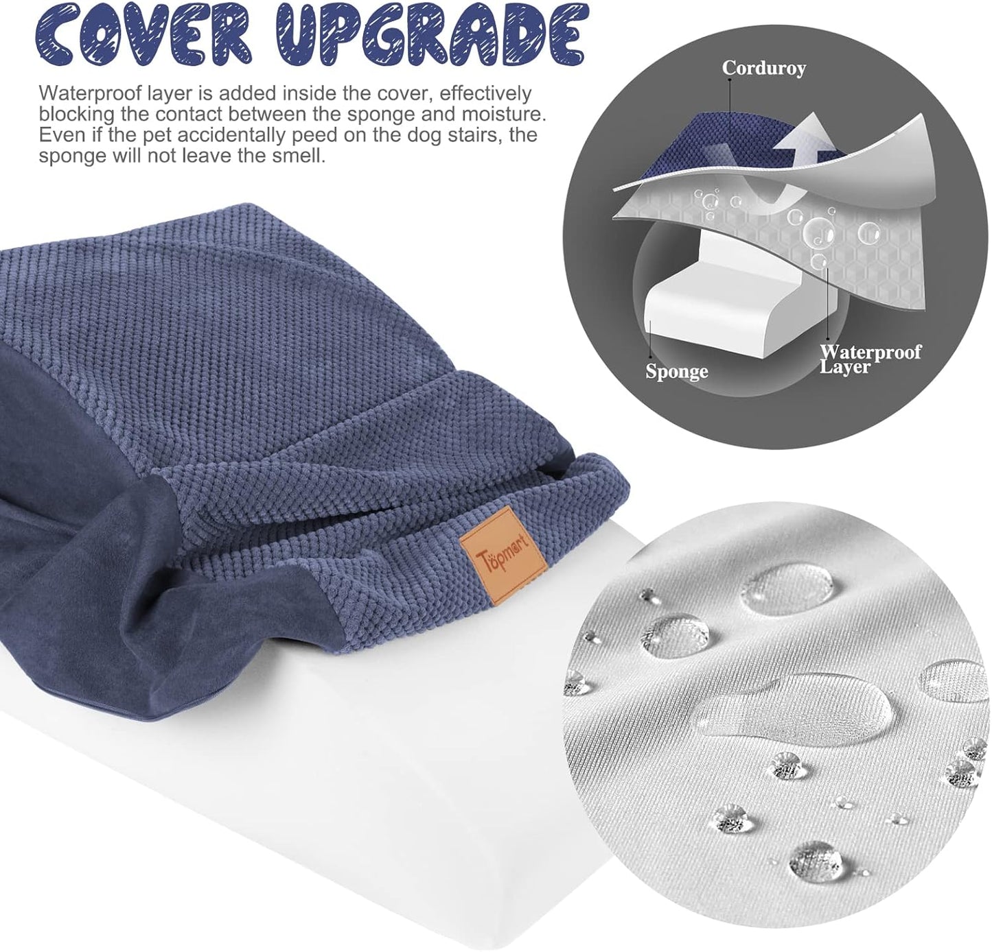 Topmart High Density Extended Foam Dog Ramp&Steps 2 Tiers,11.8" High,Non-Slip Dog Stairs,Soft Foam Pet Ladder with Waterproof Cover,Best for Injured,Older Cats,Pets with Joint Pain