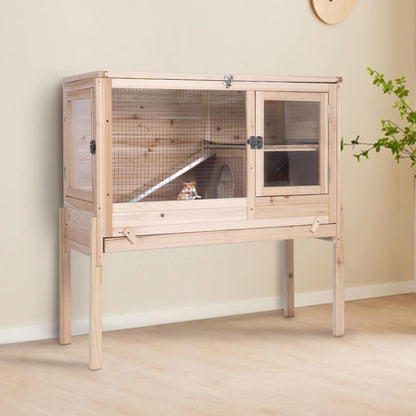 GUTINNEEN Guinea Pig Cage Rabbit Cage Indoor with Chew-Proof Edges, Clean Deep Tray, Leakproof PVC Layer, Small Animals Cage with Adjustable Legs - Natural Wood Color