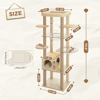 PEQULTI 71'' Cat Tree, Tall Wood Cat Tower for Indoor Cats with 2 Acrylic Cat Hammock, Multi-Level Activity Trees with Scratching Posts, Condo House and Large Top Perch for Large Cats, Beige