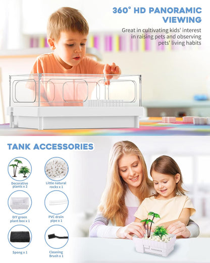 Small Turtle Tank, Aquarium, Acrylic Terrarium with Basking Platform, Bottom Drainage, Multi-Function Areas for Turtles, Crabs, Crayfish, Reptiles.