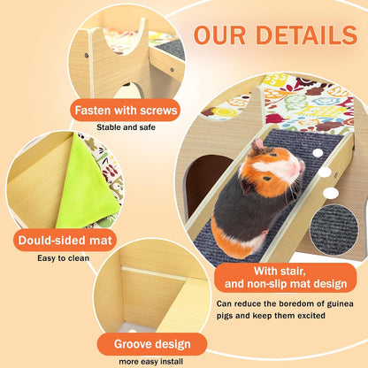Large Guinea Pig Hideout, Sturdy Wooden Guinea Pig House, Small Animal Toys Accessories Bed Hut Habitats with Ramp and Mat, Easy to Install for Hamsters Bunny Rabbit Playing Hiding