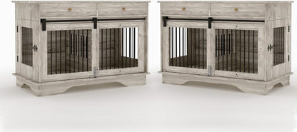 Dog Furniture Crate, 47" Large Dog Crate Furniture w/ 2 Storage Draws & Removable Divider for Large/Medium/Small Dogs (Grey, Double Cage)