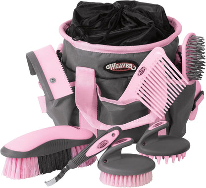 Weaver Leather Horse Grooming Kit, 7-piece Horse Brush Set with Organizer Tote Bag, Equine Care, Horse Tack Room Equipment, Grooming Horse Supplies, Gray/Pink