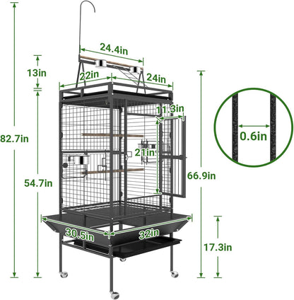 82 Inch Bird Cage, BOINN Bird Flight Cages with Rolling Stand & Bottom Tray, Wrought Iron Parrot Cage with PlayTop for Parakeet, Lovebirds, Ringneck, Cockatiels