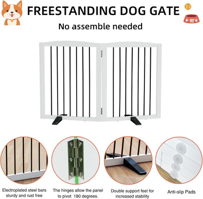 ZJSF Freestanding Foldable Indoor Dog Fence for Stairs Wood White Long Pet Gates for Dogs, Dog Gates for Hallways,Puppy Gates for House Support Feet Included 24 "Height-2 Panels