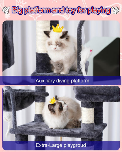 Cat Tree, Cat Tower for Large Cats with 2 Big Platforms, 2 Baskets, condo and Toys, 63" Cat Scratching Posts for Indoor Cats, Smoky Gray GCT020G
