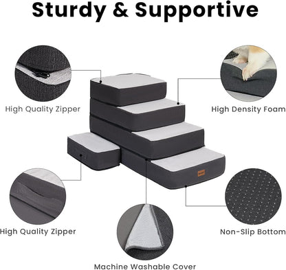 4-Step Adjustable Dog Stairs for Beds, Dog Steps for Small Dogs and Cats, Foldable Pet Stairs for Bed Climbing, Non-Slip Pet Step Indoor, Grey