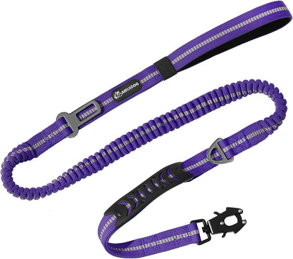 Heavy Duty Bungee Dog Leashes, 4-6FT Shock Absorbing Tactical Dog Leash with 2 Padded Handles, Metal Carabiner Clip,Car Seatbelt, Reflective Dog Leash for Medium Large Dogs (Purple)