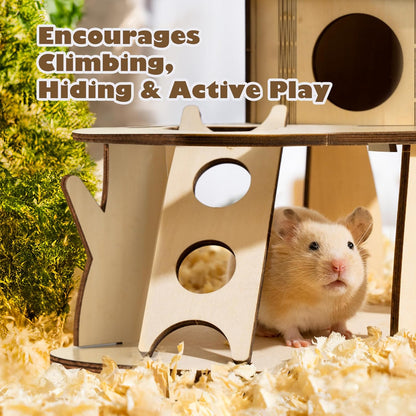 Wooden Hamster House with Ladder, 2-Tier Tree House Design Hamster Hideout Cage Accessories for Dwarf Gerbil Mouse