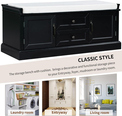 Storage Bench with 2 Drawers and 2 Cabinets, Pine Wood Shoe Bench with Removable Cushion for Living Room, Entryway 42.5" L x 15.9" W x 17.5" H (Black)