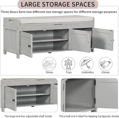 Storage Bench with 3 Shutter-Shaped Doors, Wood Shoe Bench with Removable Cushion and Hidden Storage Space for Entryway, Living Room, Hallway 43.5" L*16" W*18" H (Gray Wash Pine)