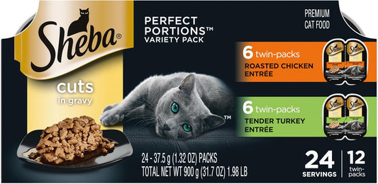 Sheba Perfect Portions Wet Cat Food Cuts in Gravy Variety Pack, Roasted Chicken Entree and Tender Turkey Entree, 2.6 oz. Twin-Pack Trays (12 Count, 24 Servings)