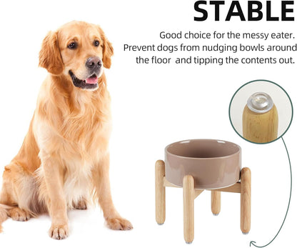 Ceramic 7.3inch Raised Dog Bowl Set, Elevated with Wooden Stand, Food and Water Bowl for Medium Breed Dogs, Weighted Dog Dishes, Pet Feeder(Brown Coffee)