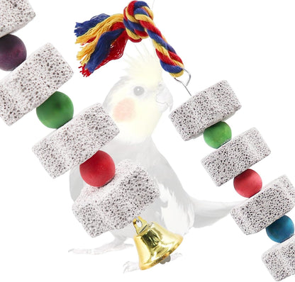 2 Pack Mineral Block Chew Toys with Colorful Beads and a Bell, Bird Beak Grinding Stone, Cage Accessories for African Grey, Budgies, Cockatiels, Small to Medium Birds