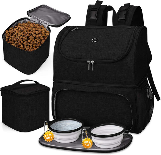 BAGLHER Pet Travel Bag, Double-Layer Pet Supplies Backpack (for All Pet Travel Supplies), Pet Travel Backpack with 2 Silicone Collapsible Bowls and 2 Food Baskets Black