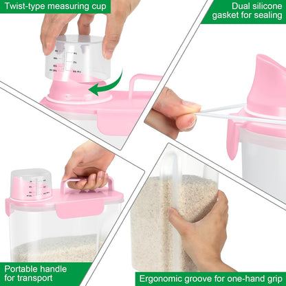 Rice Storage Container 10 Lbs, Pet Cat Dog Food Storage Container with Larger Spout and Cup, Airtight Cereal Containers Storage Food Cereal Dispenser, Kitchen and Pantry Organization Bin-Pink