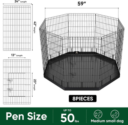 PJYuCien Dog Playpen, 8 Panels 42’’H Dog Pens Indoor with Bottom Pad, Metal Foldable Pet Puppy Exercise Fence Crate Kennel, Better for Medium and Big Animals,Black