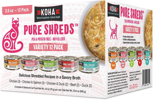 KOHA Pure Shreds Cat Variety Pack, High Protein Wet Cat Food - 5 Flavors - Beef, Duck, Chicken &