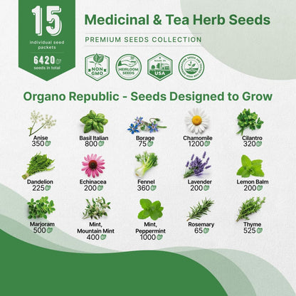 Organo Republic 15 Medicinal & Tea Herb Seeds Variety Pack 6,420+ Non-GMO Heirloom Garden Seeds for Indoor & Outdoors, Including Anise, Borage, Cilantro, Chamomile, Dandelion, Rosemary Seeds