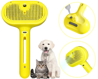 Cat Brush for Shedding - Pet Hair Removal Comb with Water Tank, Steam Brush, Cat Bath Brush, Dog Brush - Yellow