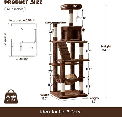 MWPO 63.8 inches Multi-Level Cat Tree for Large Cats with Sisal-Covered Scratching Posts, Padded Platform, Hammock and Condo,Stable Cat Tower Cat Condo Pet Play House (Brown)
