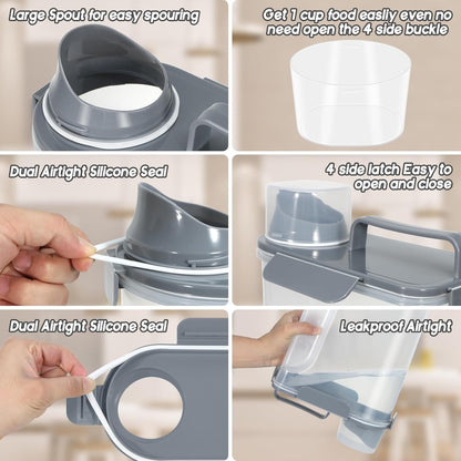 5-7Lbs Dog Cat Food Storage Container with Upgraded Large Nozzle BPA-free, 4 Snap Seals Plastic Pet Food Storage Containers with Handles (2, Gray Blue + Red, 5L)