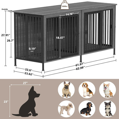 EasyCom 63" Dog Cage Furniture for 2 Pets with Divider, XL Wooden Double Dog Crate Furniture TV Stand for Mideum Breed, Durable and Sturdy