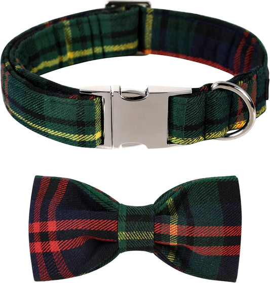 Lionet Paws Christmas Dog Collar with Bowtie Durable Adjustable Handmade Comfortable Bow Tie Dog Collar Cat Collar Green with Metal Buckle for XXS Cats,Girl Boy,Festival,Holiday Style,Neck 7-11in