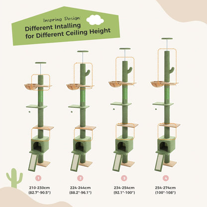 PEQULTI Floor to Ceiling Cat Tree, Tall Cat Tower, Adjustable Height (83''-108'') 5 Levels Climbing Tree for Indoor Cats with Cat Condo, Cozy Hammock and Scratching Post, Green
