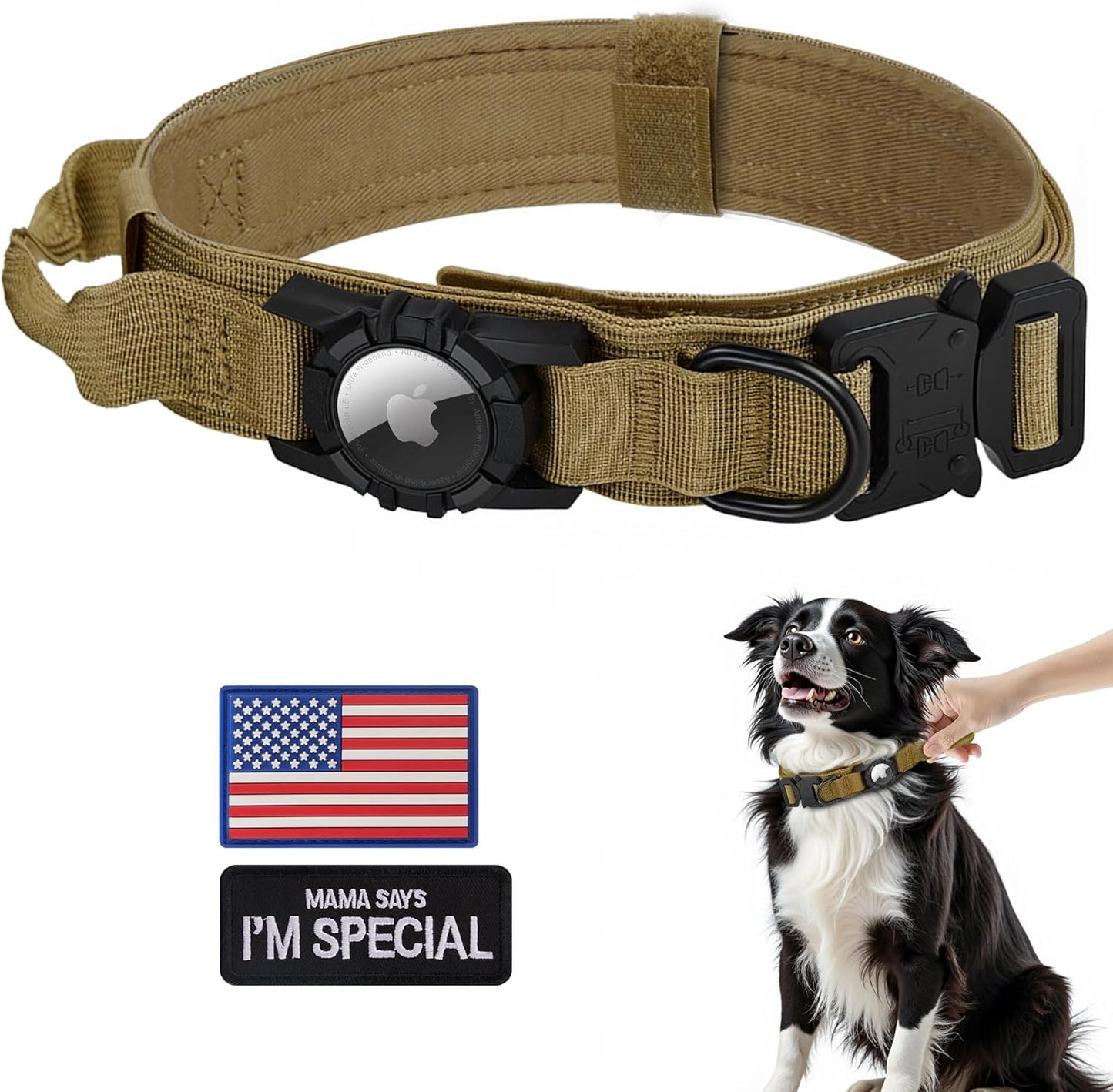 Tactical AirTag Dog Collar - Heavy Duty, Adjustable GPS Collar Compatible with Apple AirTag, with Holder & Control Handle for Medium/Large Dogs [ Brown, XL ]