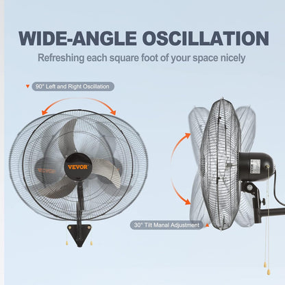 VEVOR 20 inch Wall Mount Fan Oscillating, 3-speed High Velocity Max. 4650 CFM Industrial Wall Fan for Indoor, Commercial, Residential, Warehouse, Greenhouse, Workshop, Basement, Black, ETL Listed