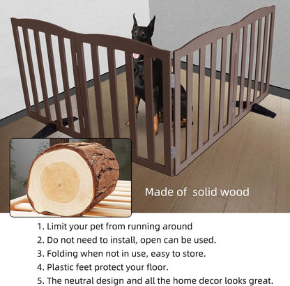 ZJSF Foldable Freestanding Indoor Dog Gate for House Wood Long Pet Gates Dog Fence for Stairs Puppy Gates for Hallways, Puppy Gate,Support Feet Included, Brown, 32 "Height-4 Panels