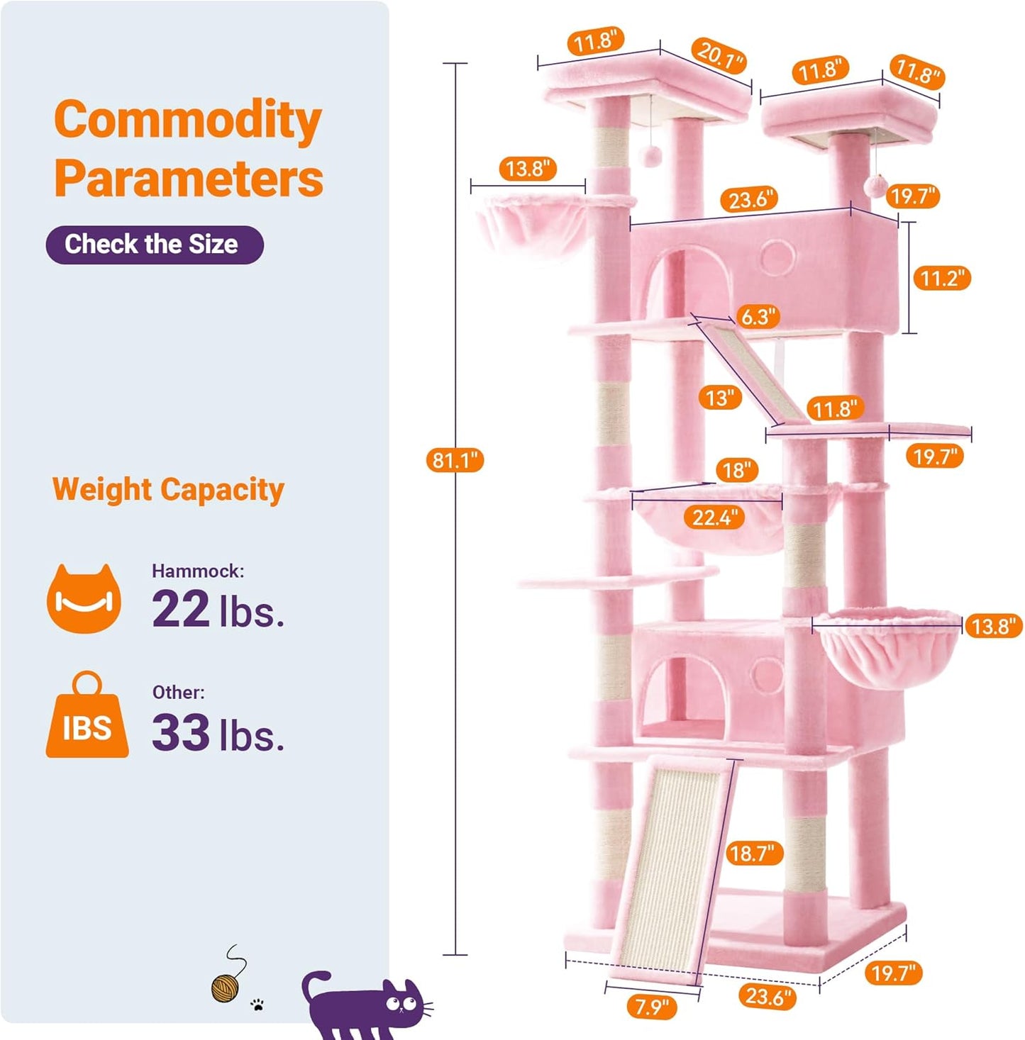 Allewie 81 Inches Tall Cat Tree/Multi-Level Large Climbing Tree House and Towers for Big Feline/Condo and Hammock/Scratching Post/Wide Base/Pink